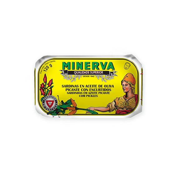 SARDINA EN ACEITE DE OLIVA PICANTE C/ESCURTIDOS LATA MINERVA 85G ESCUR