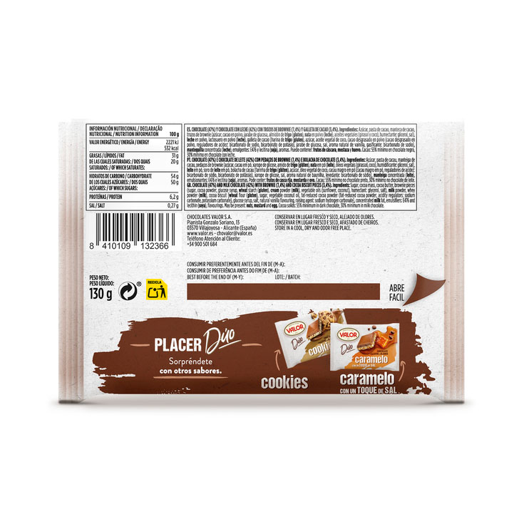 CHOCOLATE NEGRO & C/LECHE BROWNIE VALOR 130G