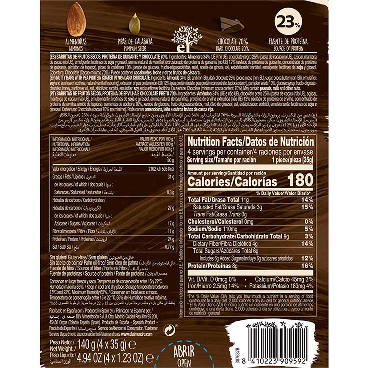 BARRITA CEREALES PROTEINA  Y CHOCOLATE NEGRO 70% DELAVIUDA 140G