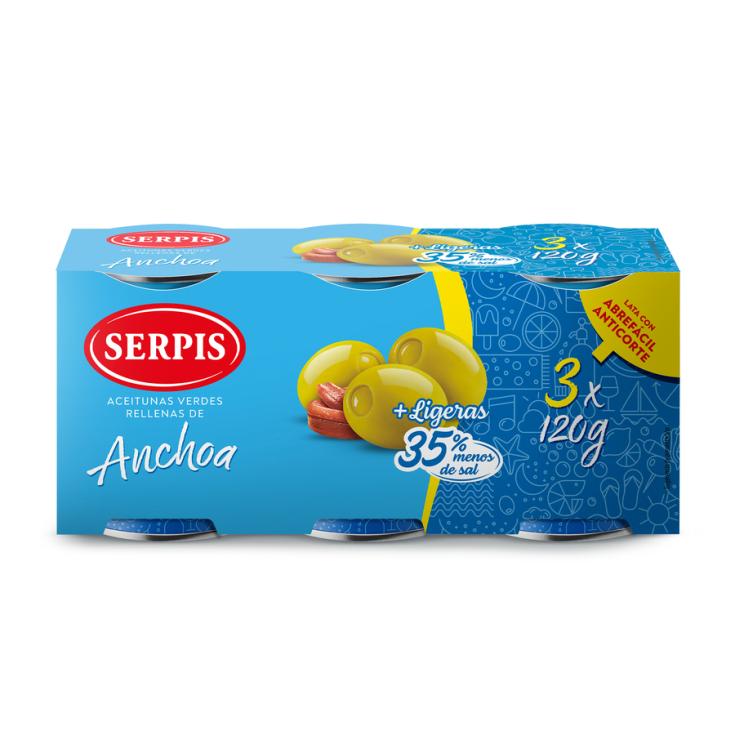 ACEITUNA VERDE RELLENA ANCHOA -35% SAL SERPIS P3 50G/U