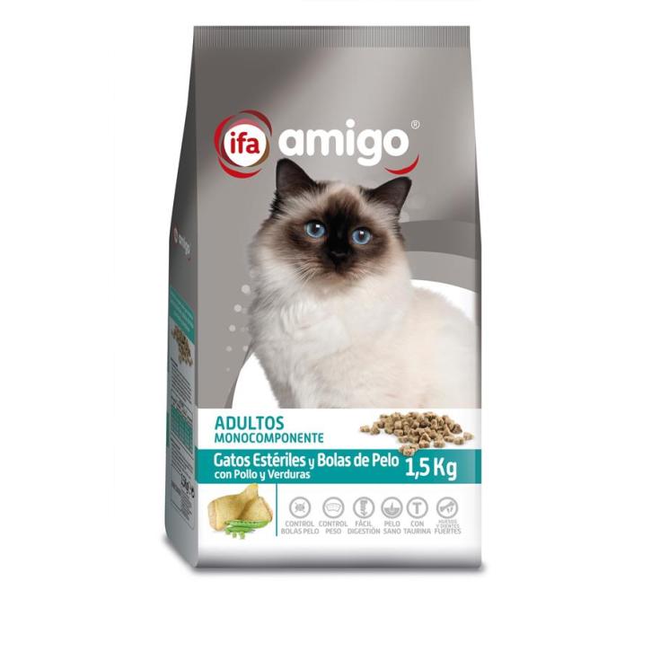 COMIDA SECA GATO ESTERIL Y BOLAS PELO SACO IFA AMIGO 1.5KG