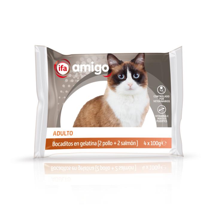 COMIDA GATO HUMEDA BOCADITOS EN SALSA 2POLLO/2SALMON IFA AMIGO P4 100G/U