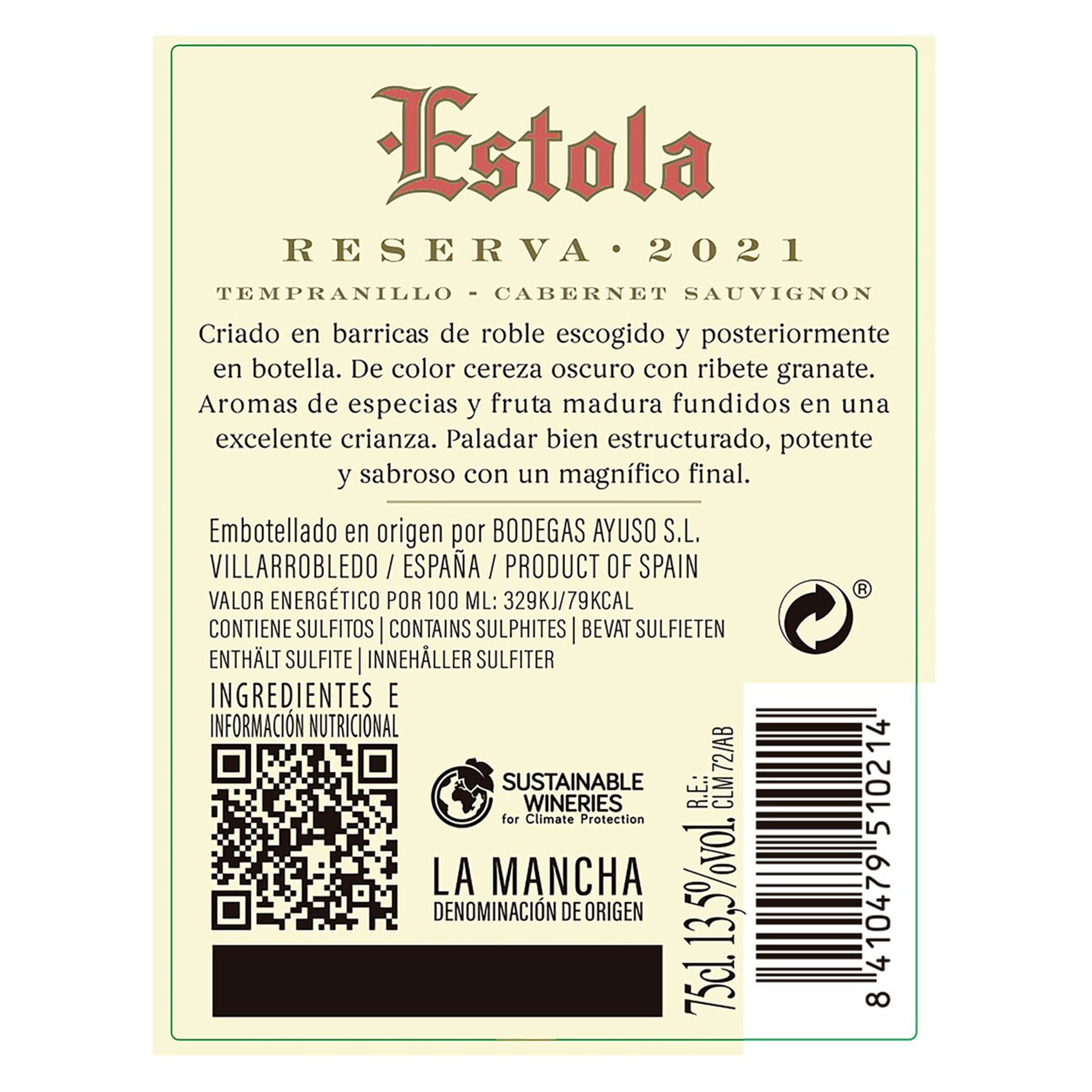 VINO TINTO RESERVA ESTOLA MANCHA 750ML