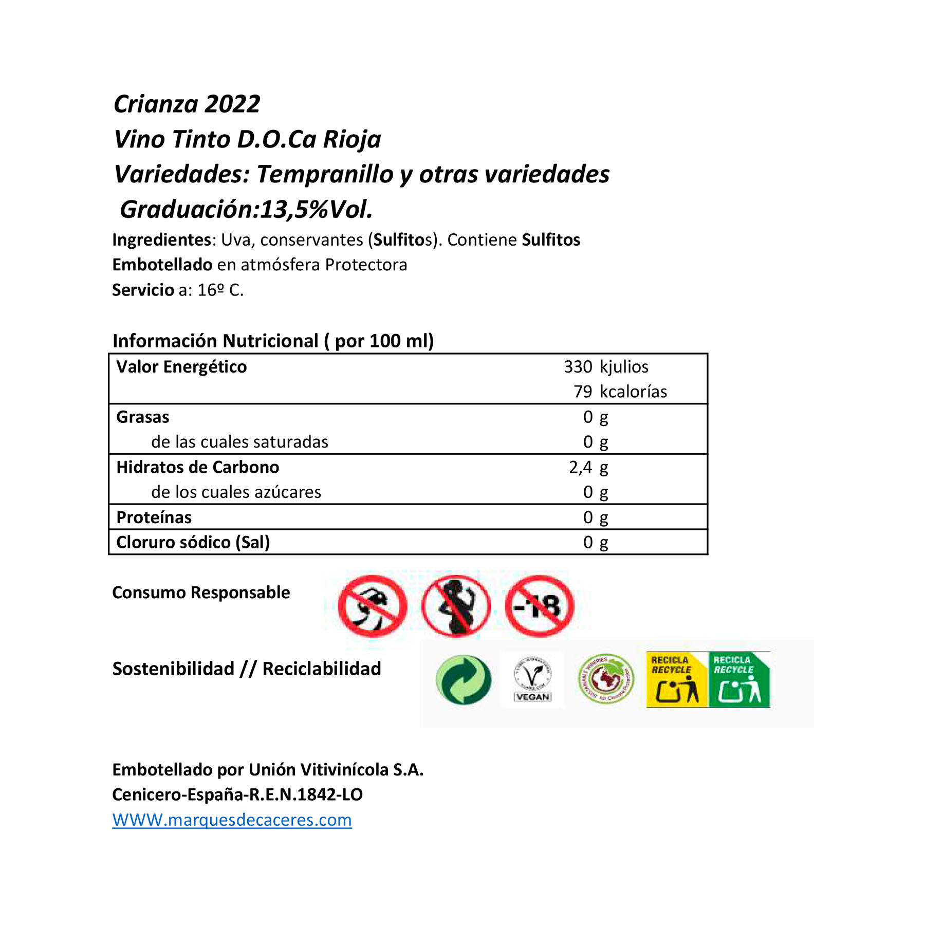 VINO TINTO RIOJA RESERVA MARQUES DE CACERES 750ML