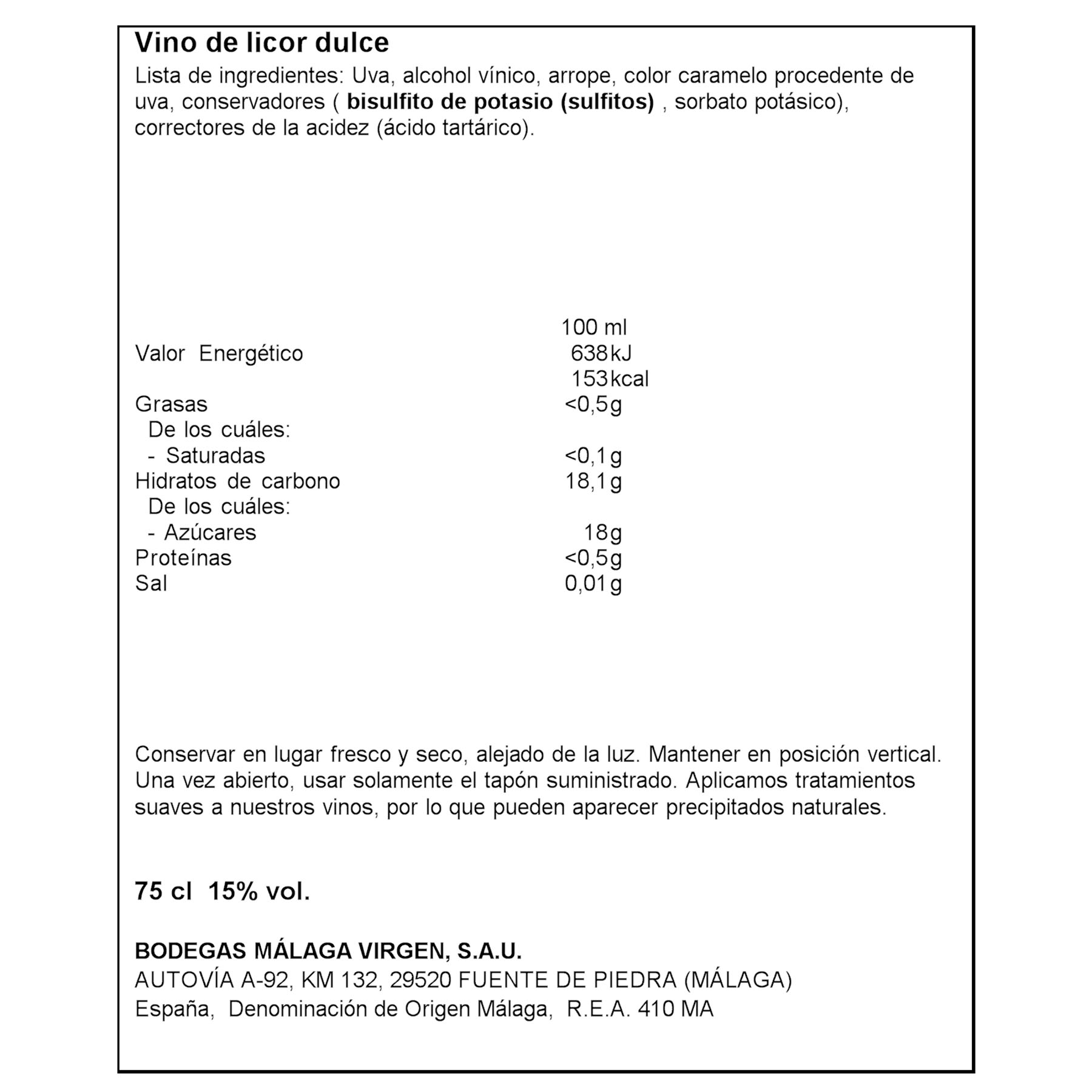 VINO DULCE  MALAGA VIRGEN 750ML