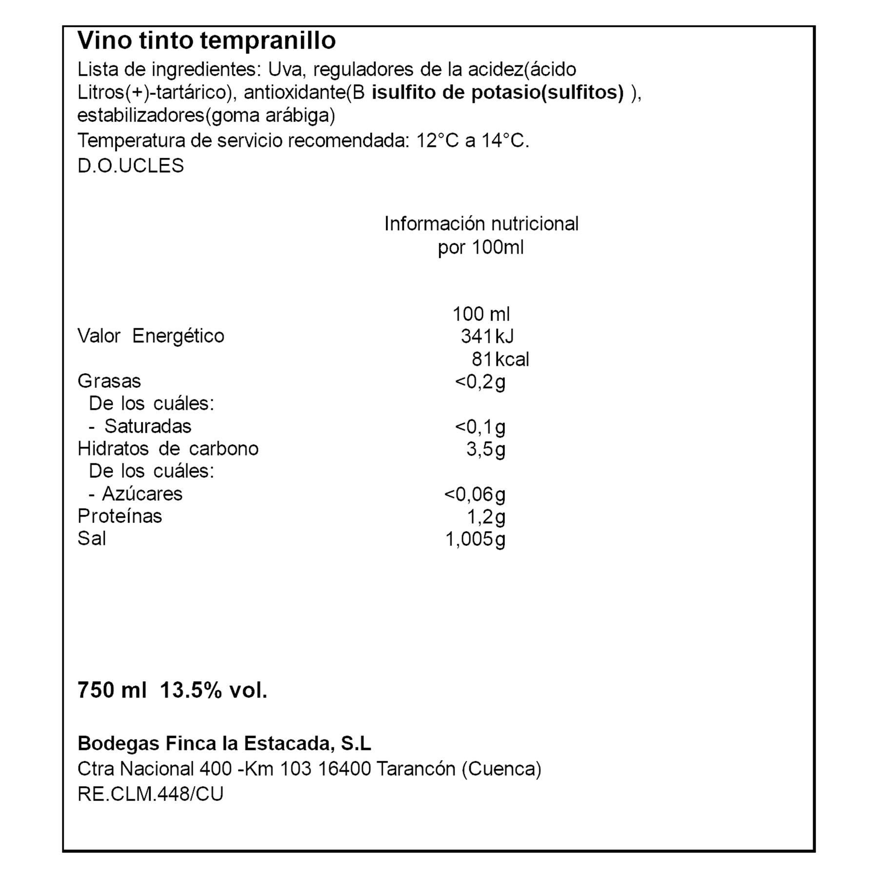 VINO TINTO 6 MESES FINCA LA ESTACADA 750ML