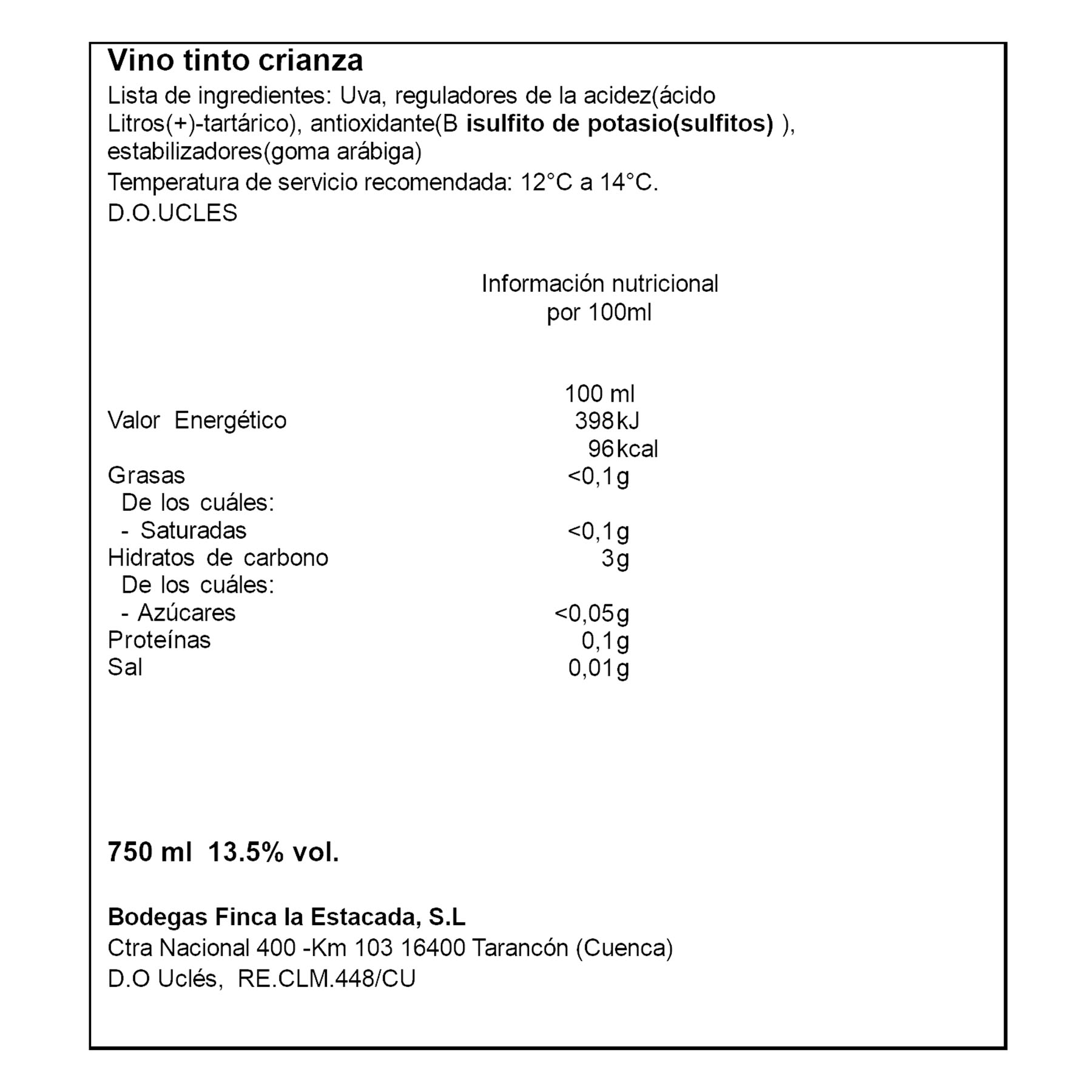 VINO TINTO 12 MESES BARRICA FINCA LA ESTACADA 750ML