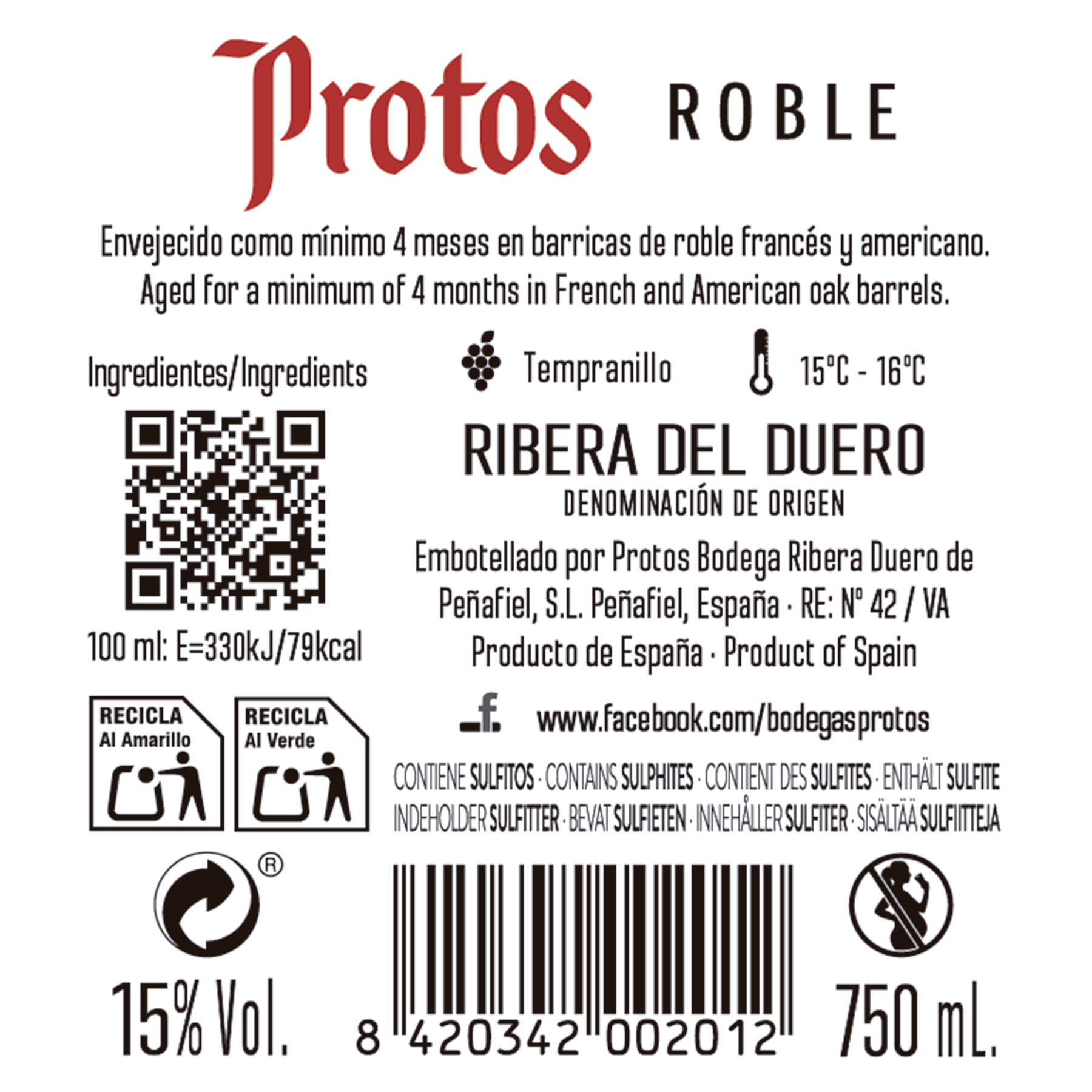 VINO TINTO RIBERA DEL DUERO ROBLE PROTOS 750ML