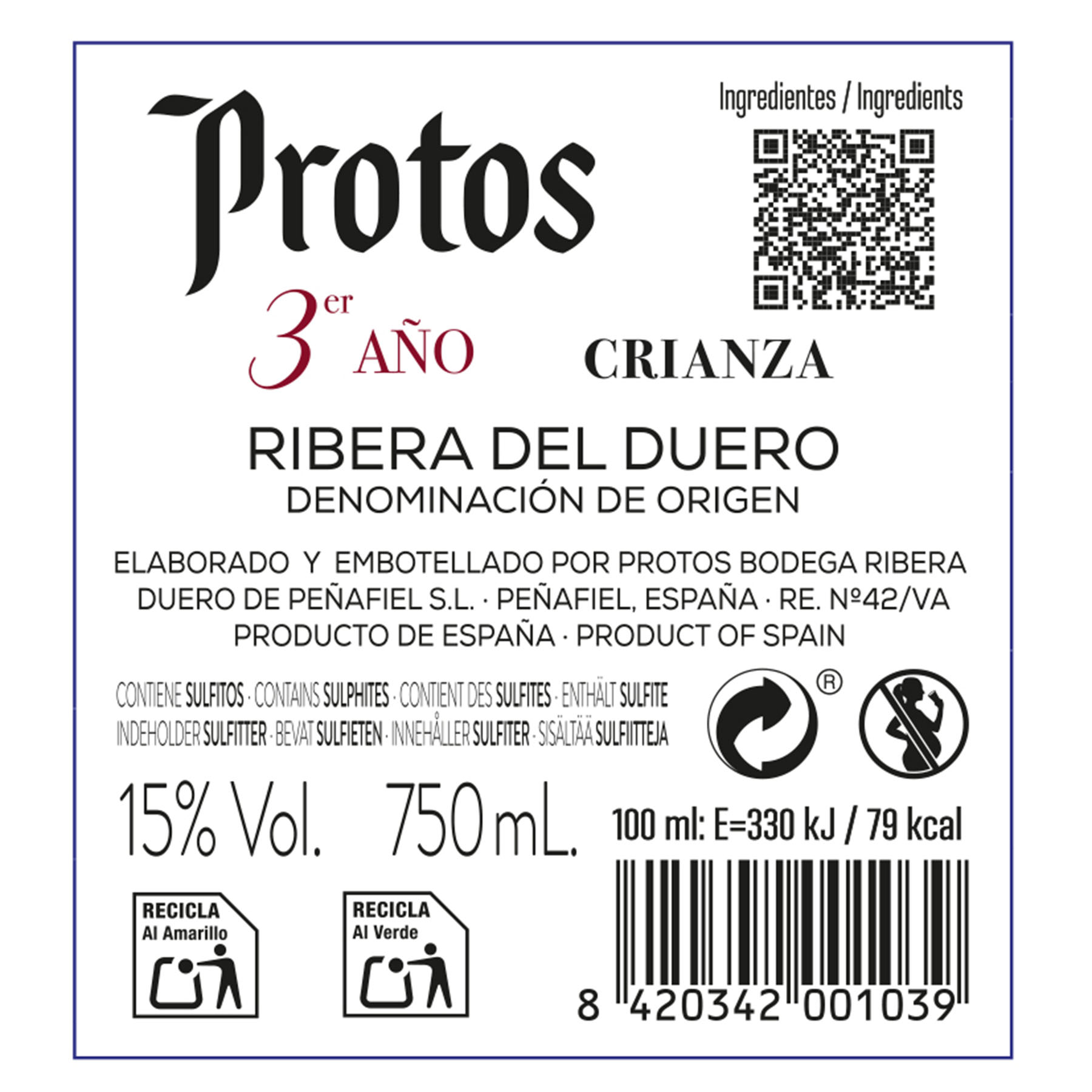 VINO TINTO RIBERA DEL DUERO CRIANZA PROTOS 750ML