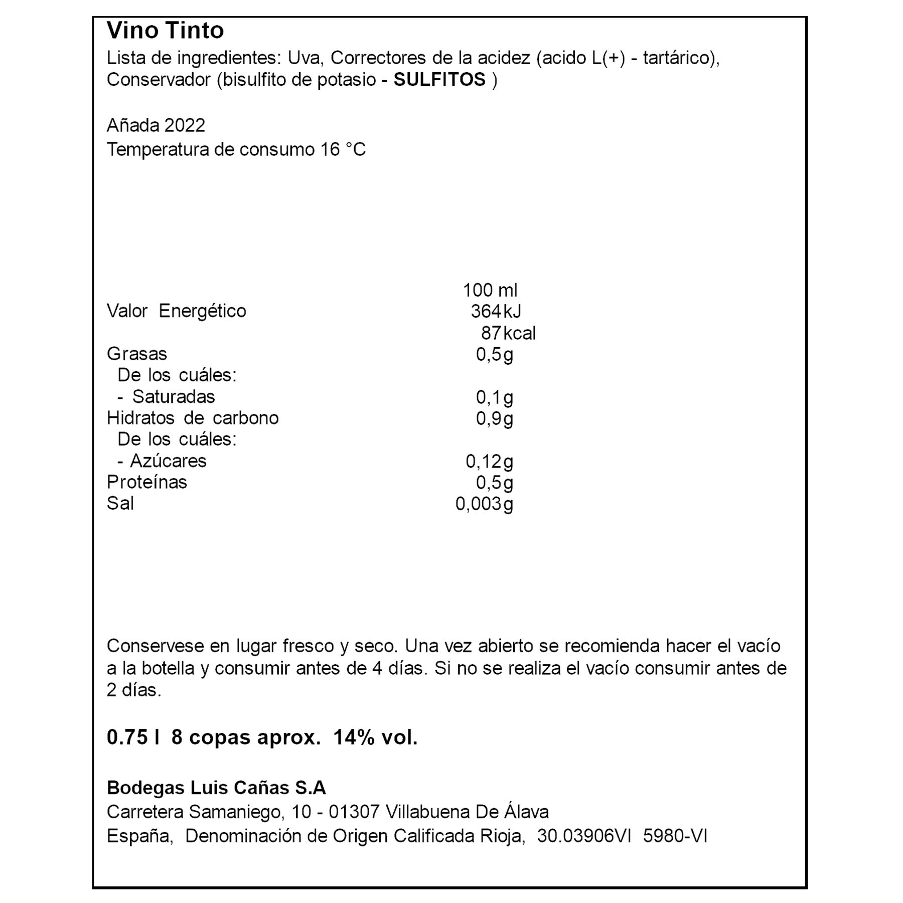 VINO TINTO RIOJA CRIANZA LUIS CAÑAS 750ML