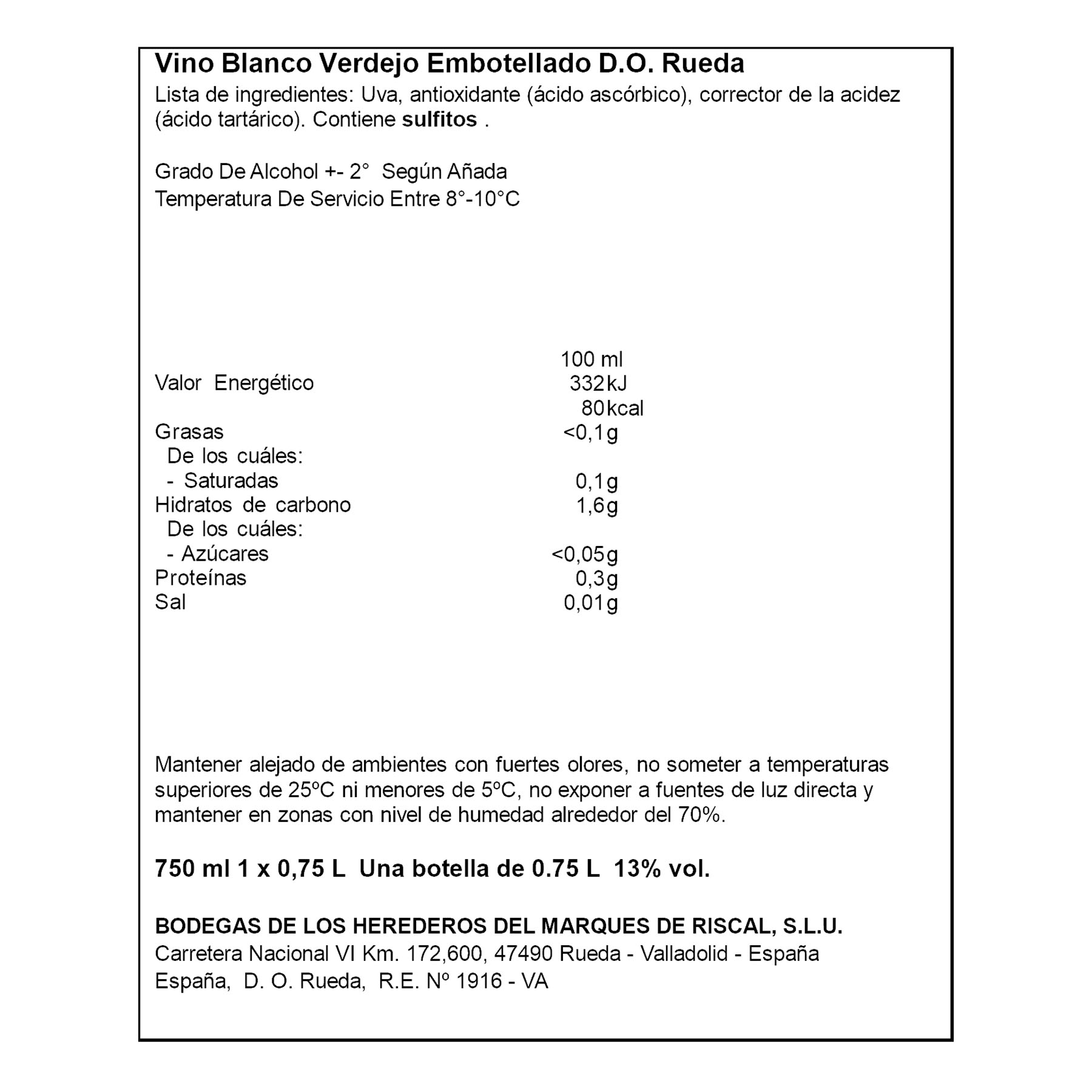 VINO BLANCO VERDEJO RUEDA MARQUES DE RISCAL 750ML