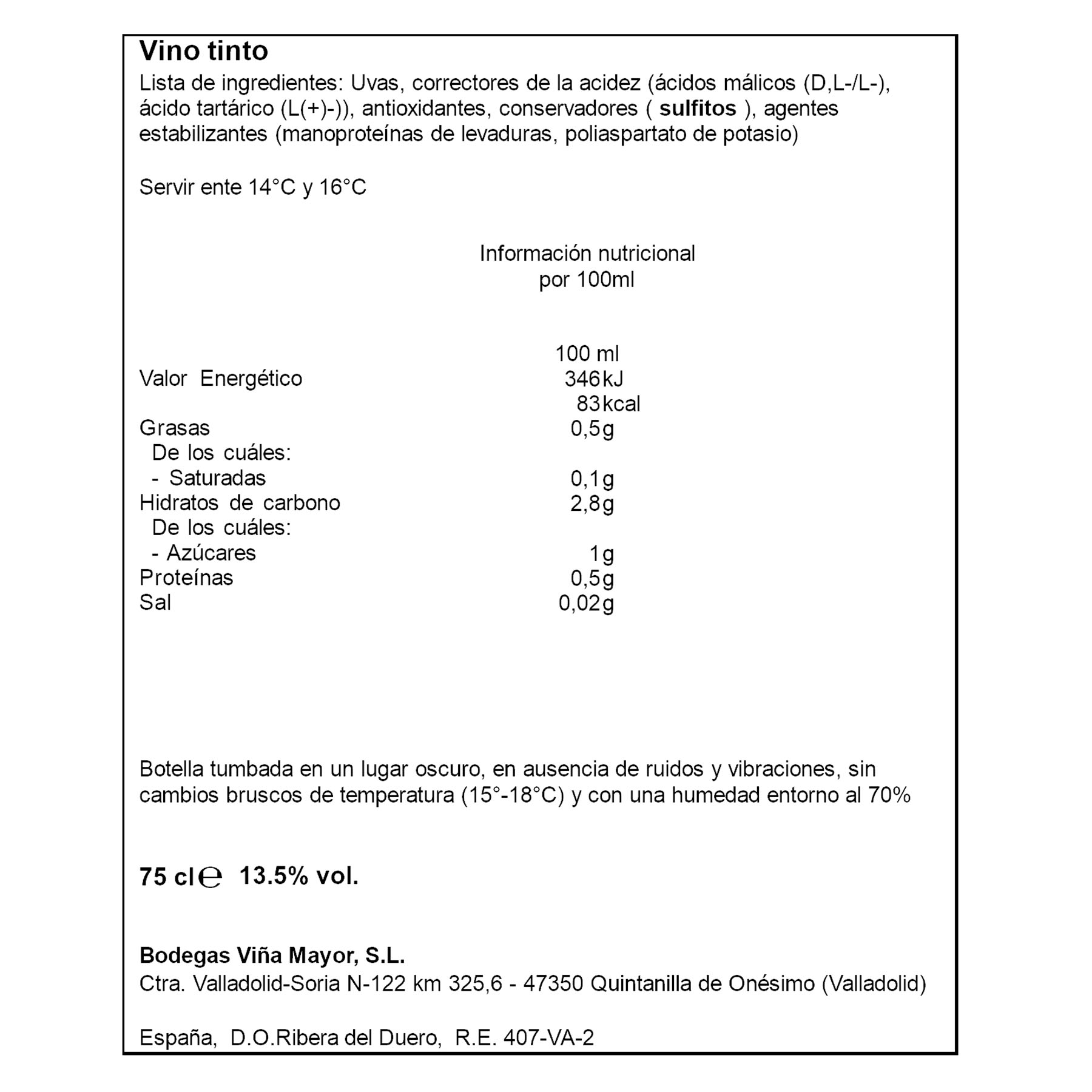 VINO TINTO RIBERA DEL DUERO ROBLE VIÑA MAYOR 750ML