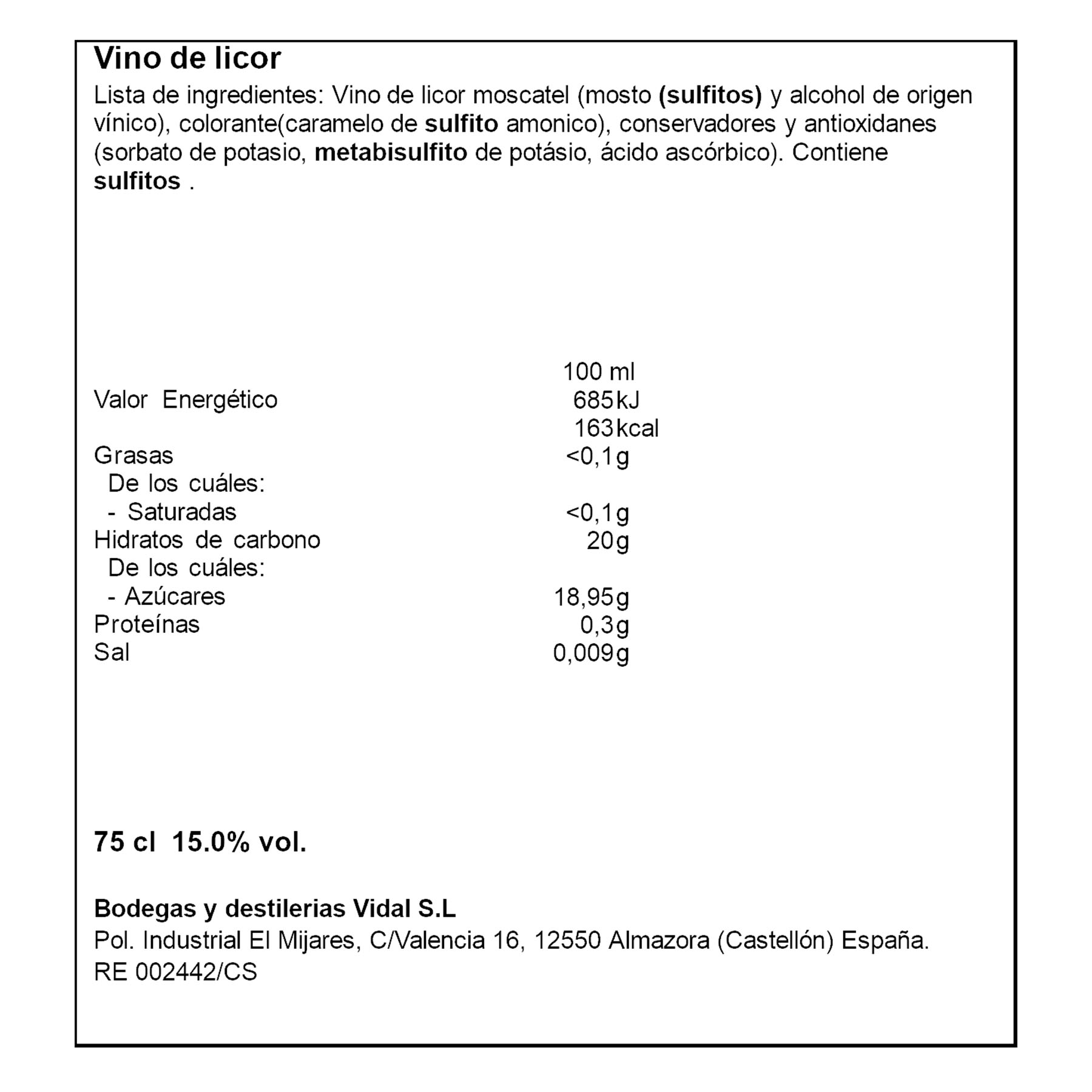 BEBIDA ALCOHÓLICA VINO DULCE MOSCATEL ARTESANOL 750ML