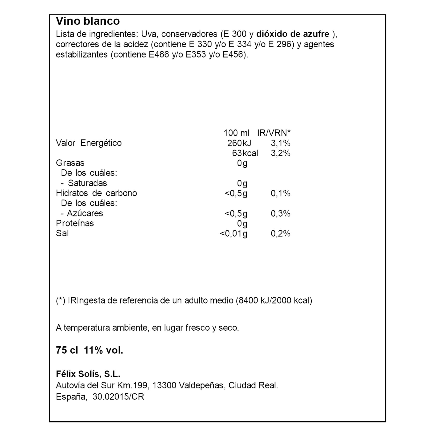 VINO BLANCO TIERRA JOVEN IFA ELIGES 750ML