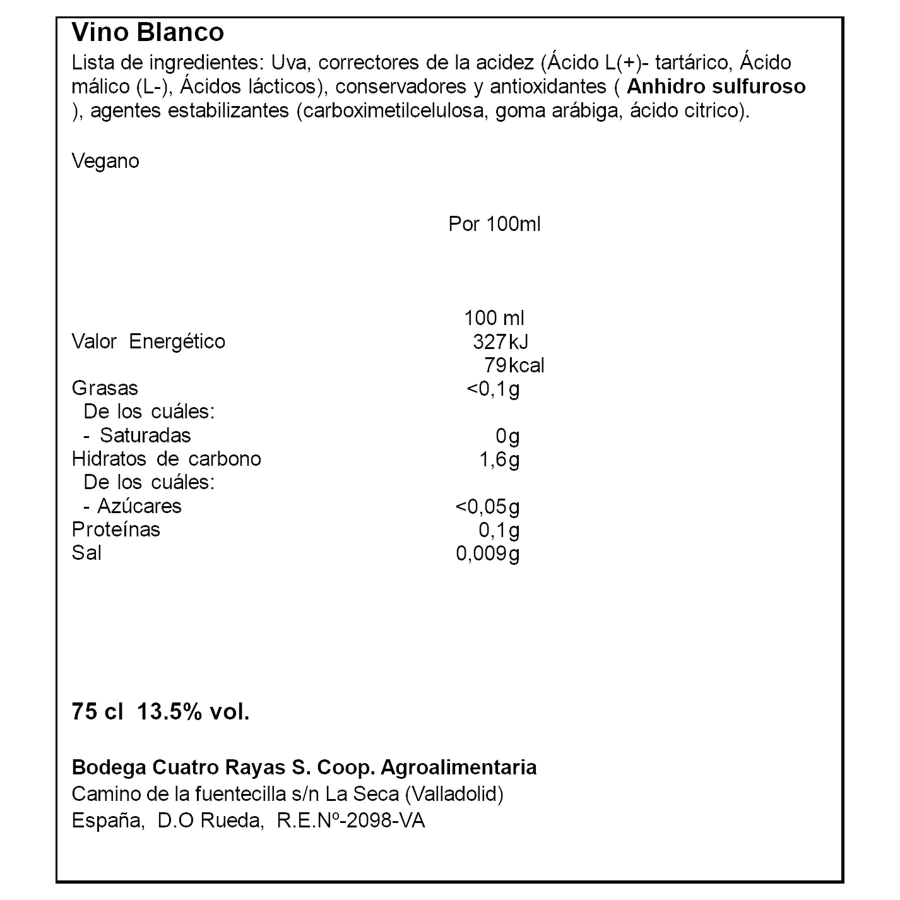 VINO BLANCO VERDEJO RUEDA CUATRO RAYAS 750ML