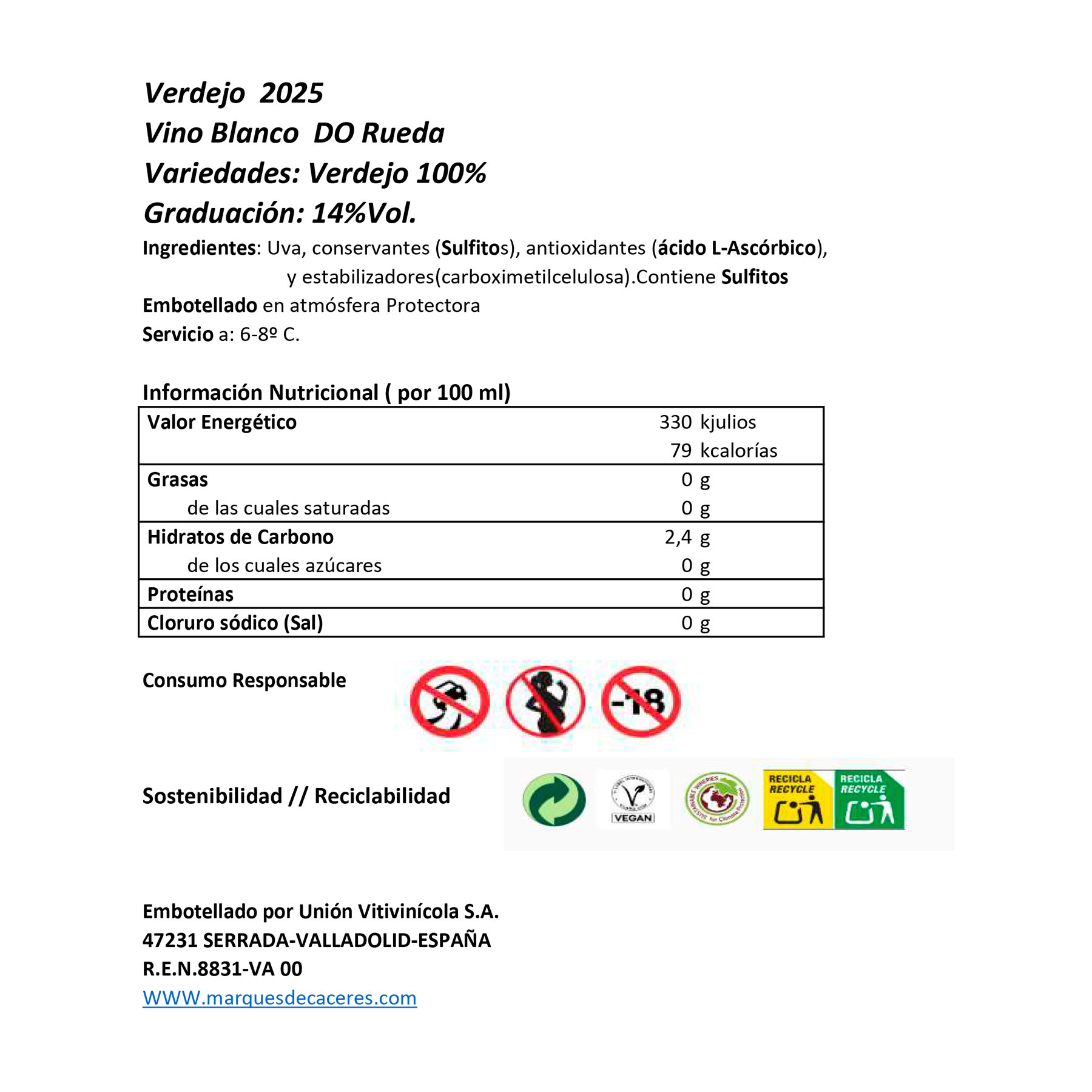 VINO BLANCO VERDEJO MARQUES CACERES 750ML