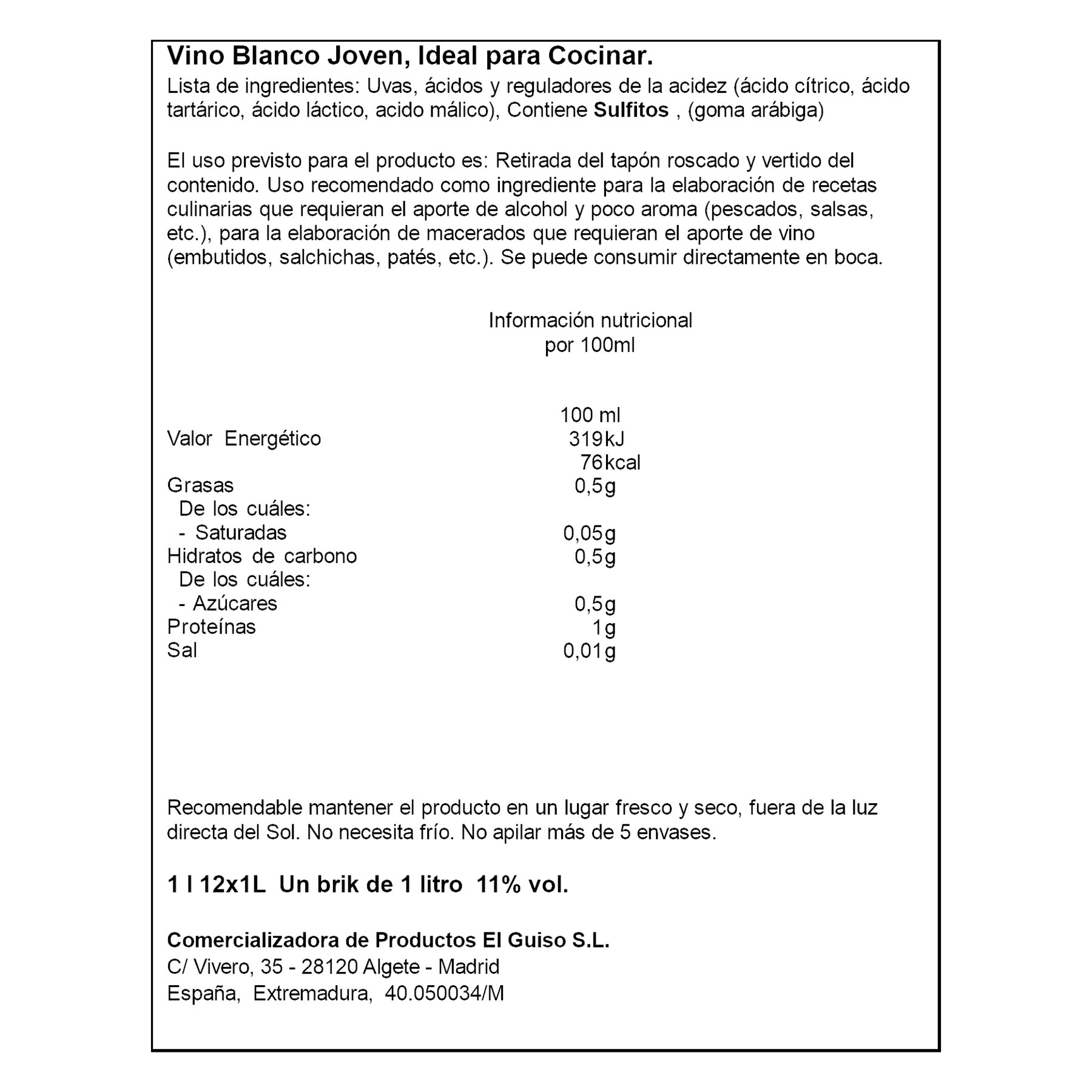 VINO BLANCO IDEAL COCINAR PROGUISO 1L