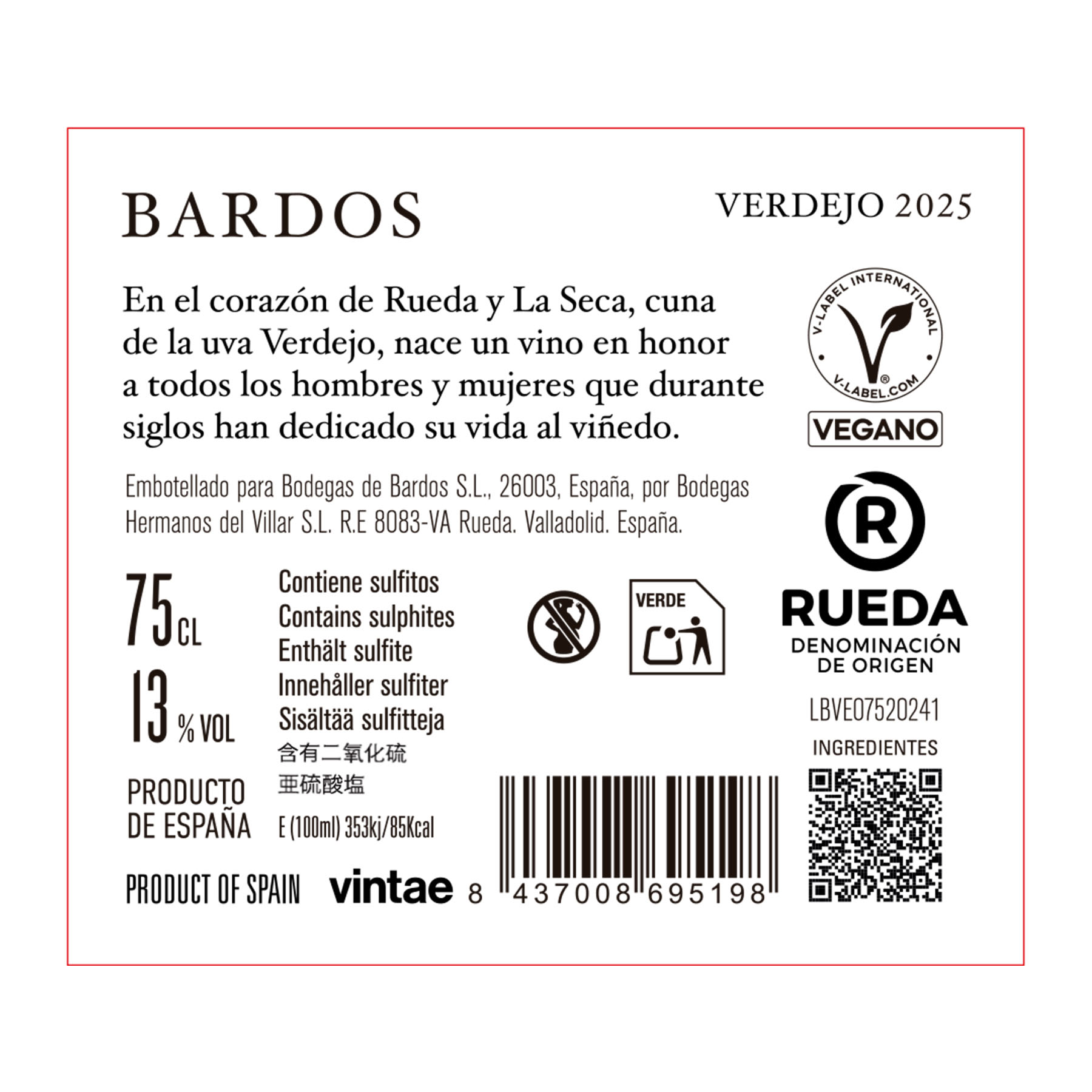 VINO BLANCO RUEDA VERDEJO BARDOS 750ML