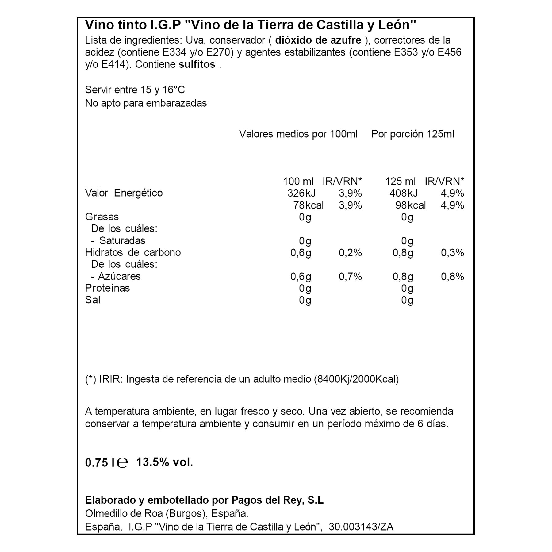 VINO TINTO JOVEN TIERRA DE CYL PAGO DE FUENTEVEGA 750ML