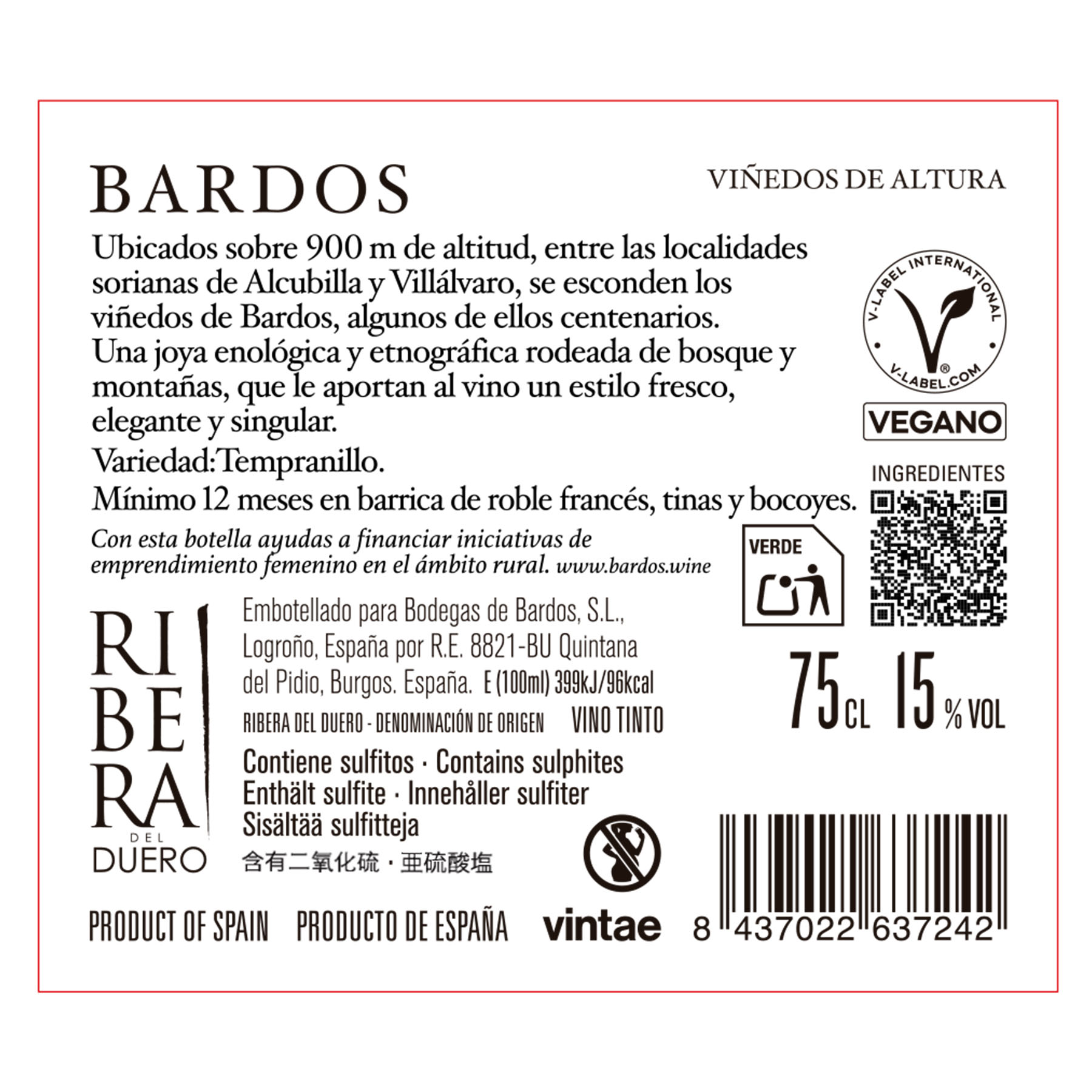 VINO TINTO RIBERA DUERO CRIANZA VIÑEDO ALTURA BARDOS 750ML
