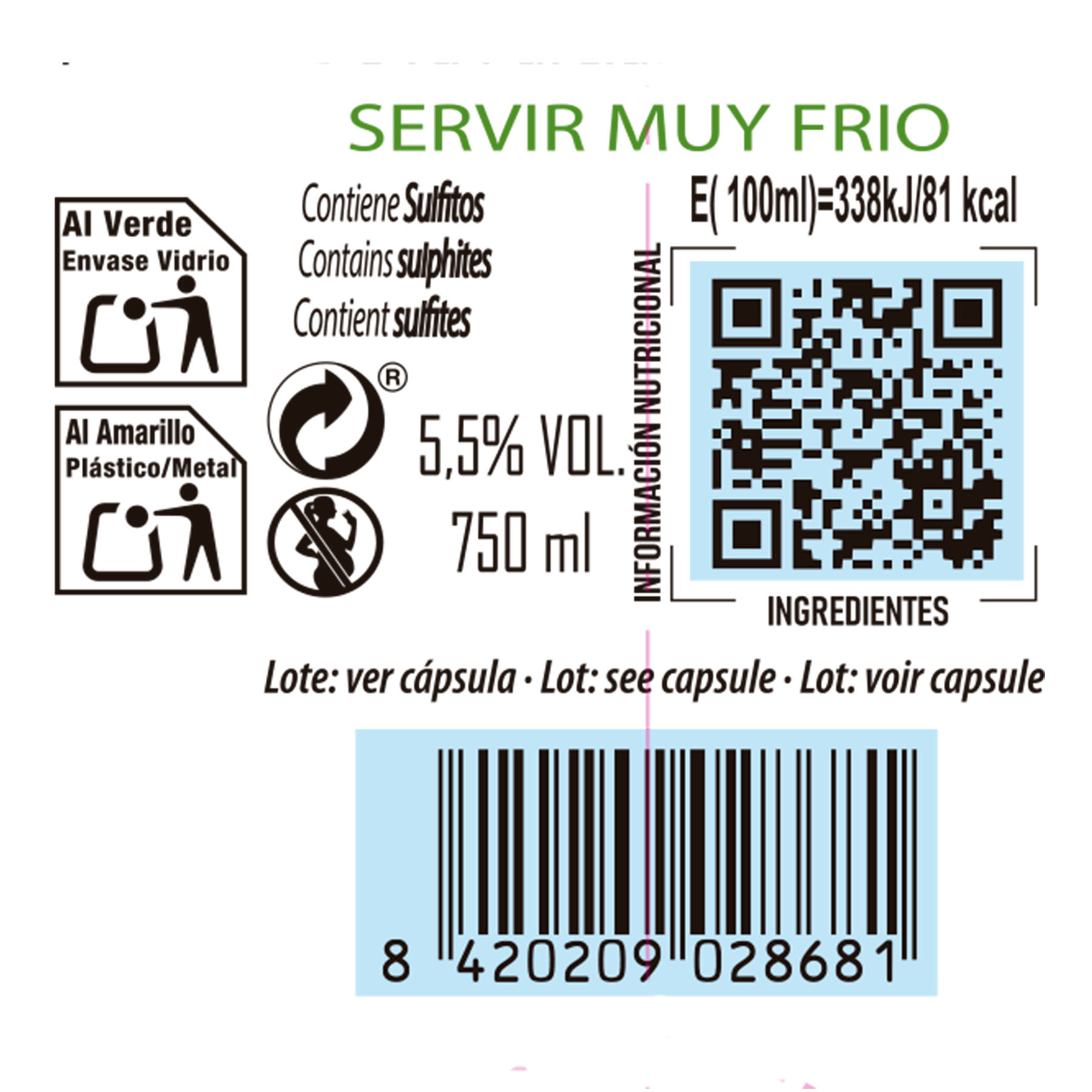 VINO BLANCO VERDEJO FRIZANTE 5.5% CRISTAL BONNE CHANCE 750ML