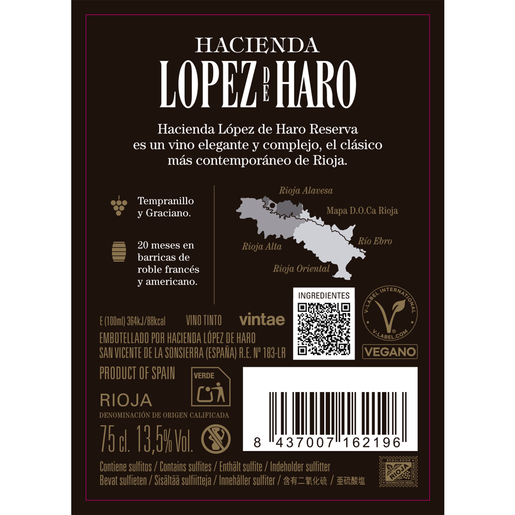 VINO TINTO RESERVA DO RIOJA HACIENDA LOPEZ DE HARO 750ML