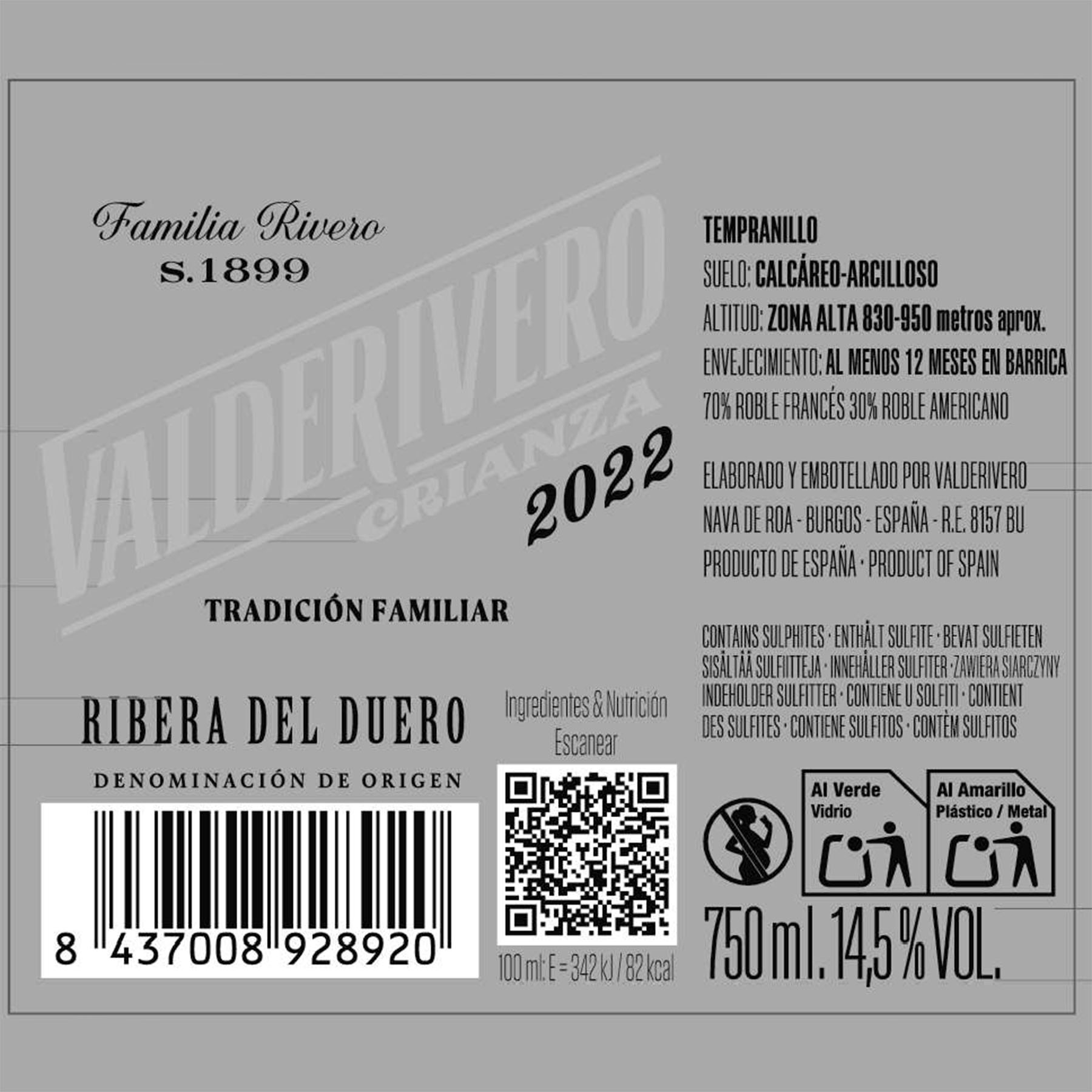 VINO TINTO RIBERA DEL DUERO CRIANZA VALDERIVERO 750ML