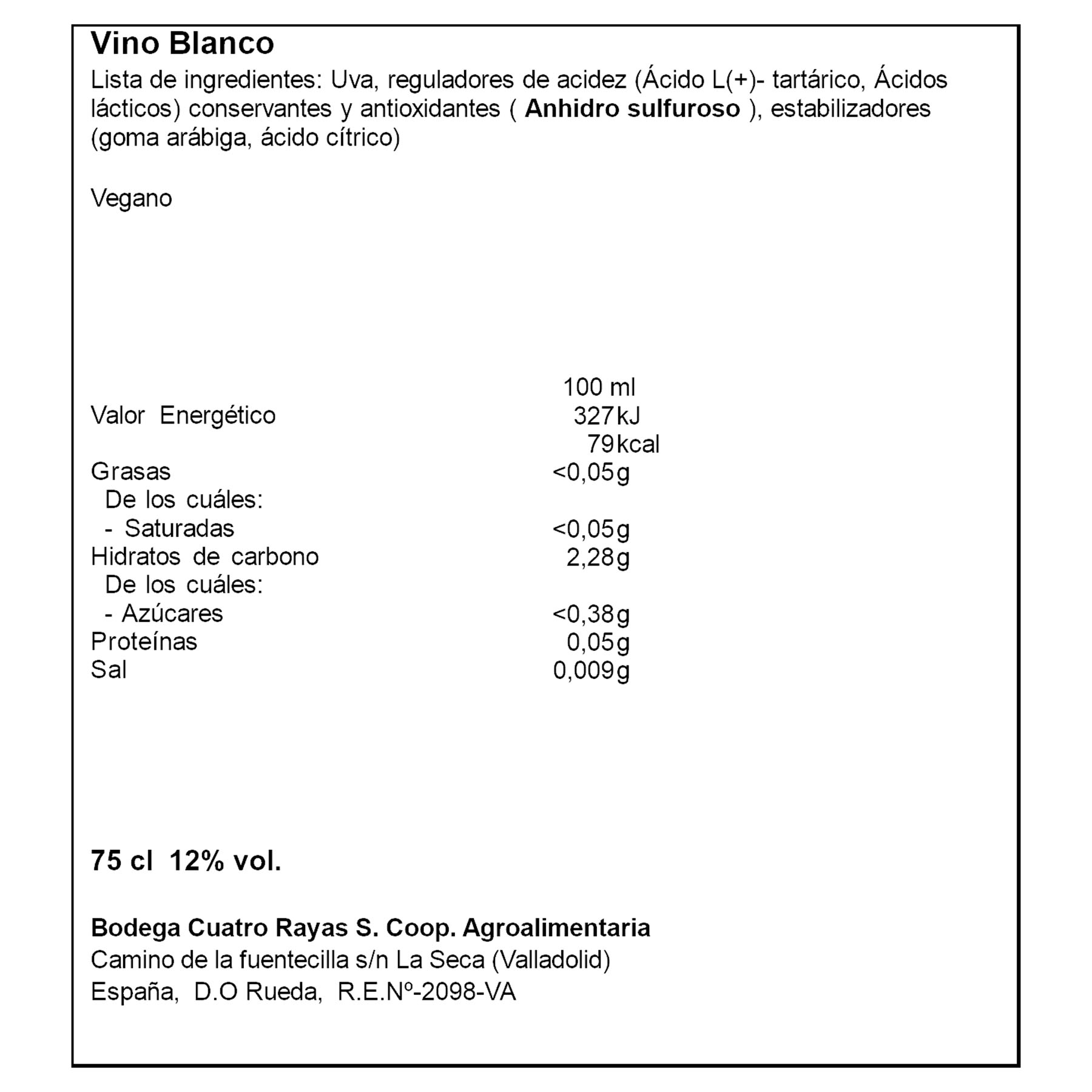 VINO BLANCO AFRUT ORG  DO RUEDA CUATRO RAYAS 75CL