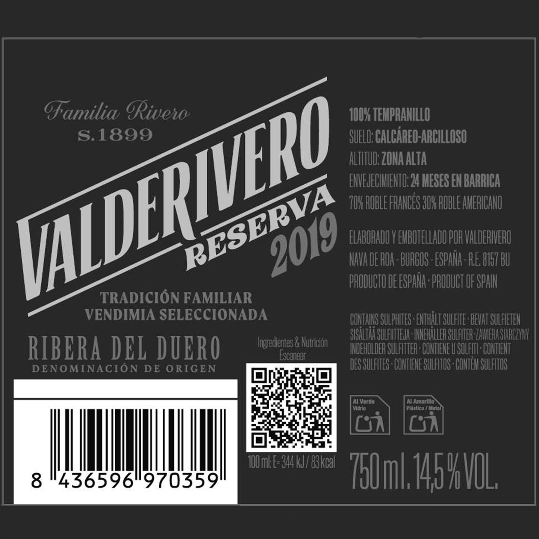 VINO TINTO RIBERA DEL DUERO RESERVA VALDERIVERO 750ML