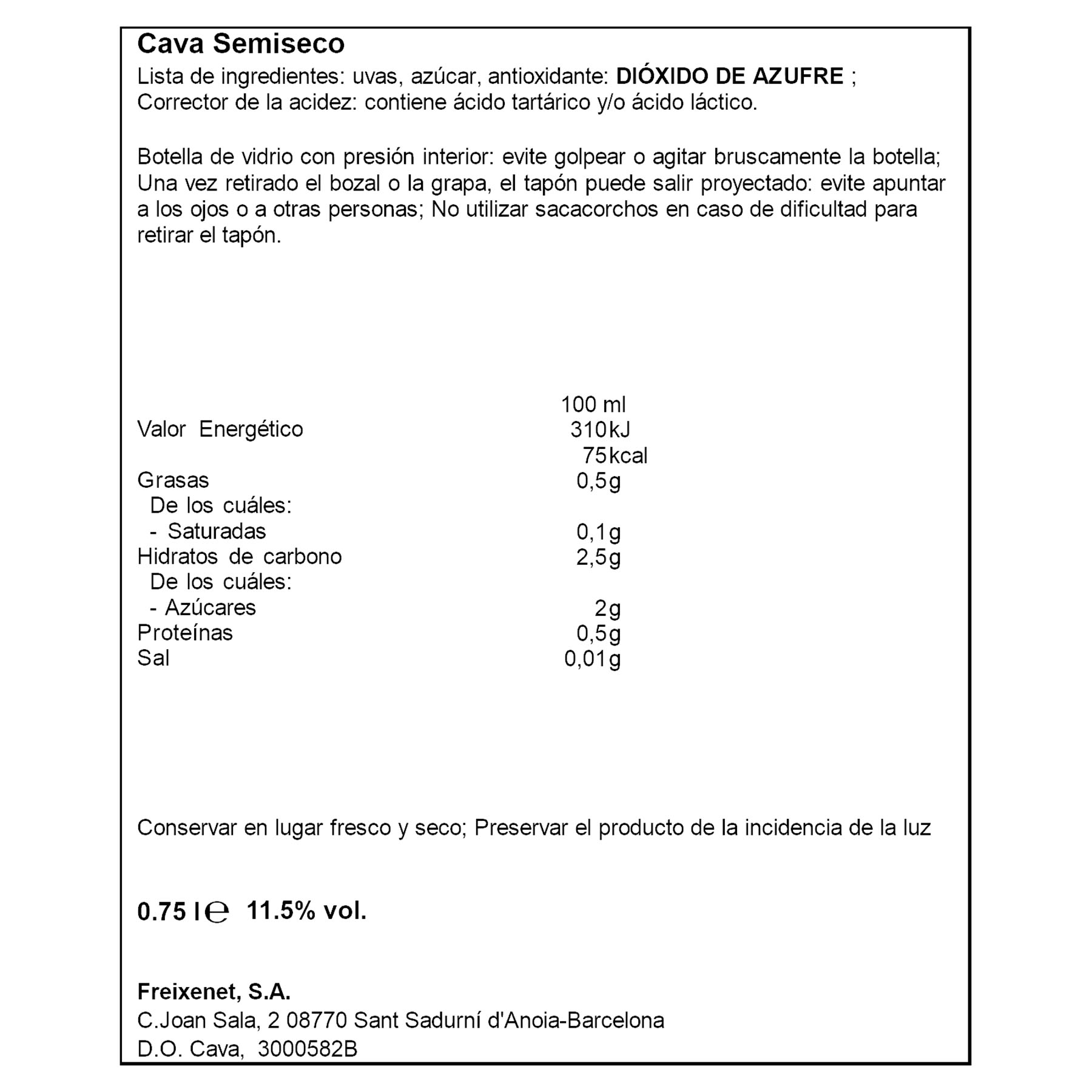 CAVA RESERVA SEMI CORDON NEGRO FREIXENET 750ML