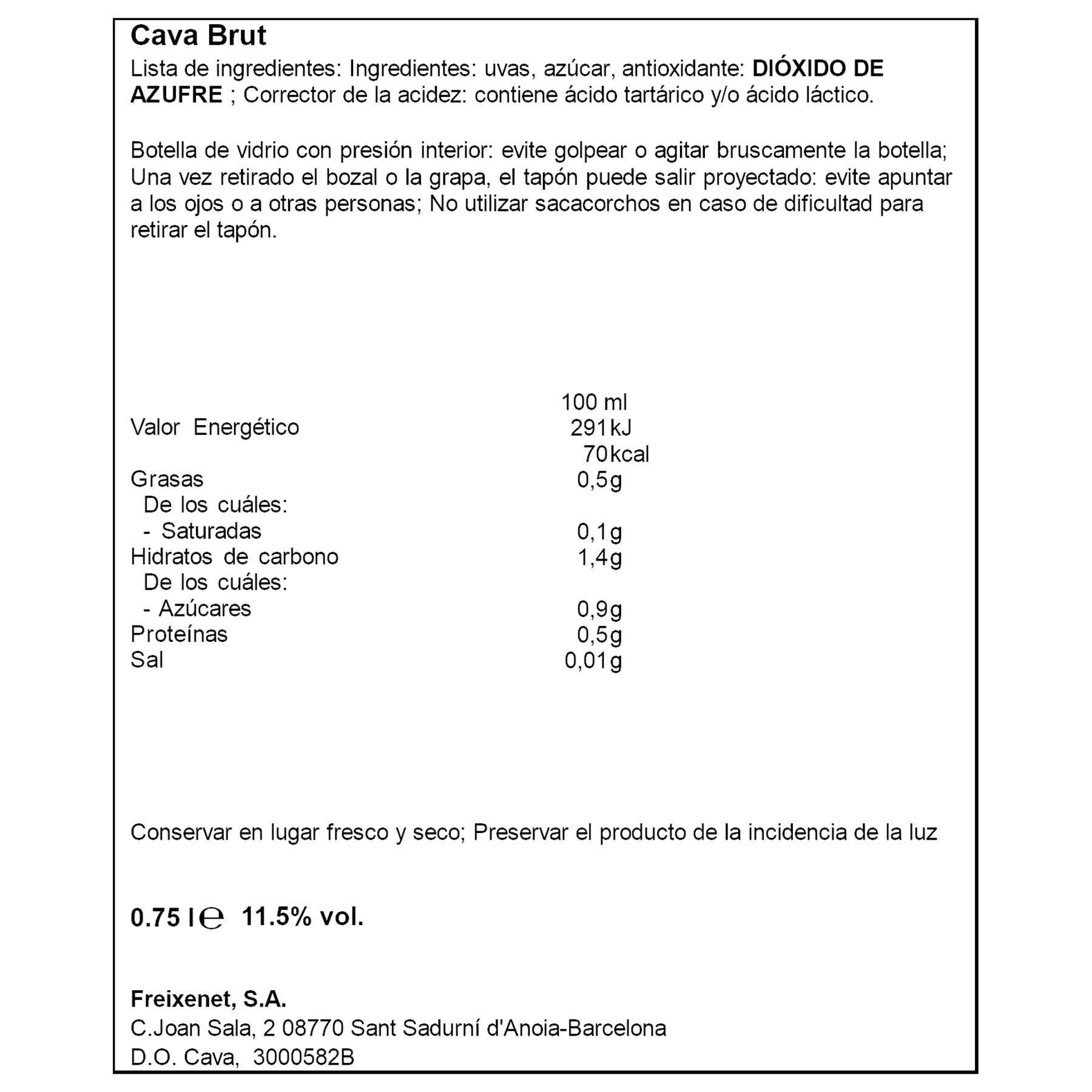 CAVA RESERVA BRUT CARTA NEVADA FREIXENET 750ML