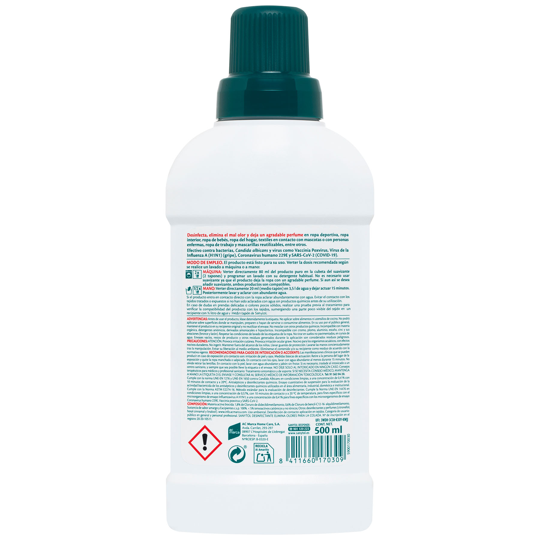SUAVIZANTE CONCENTRADO DESINFECTANTE TEXTIL SANYTOL 500ML