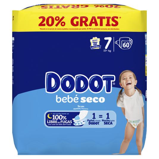 PAÑALES BEBÉ SECO T7 +15KG DODOT 60U