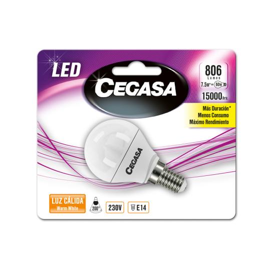 BOMBILLA LED LUZ CALIDA ESFERICA 7,5-40W E14 CEGASA P6