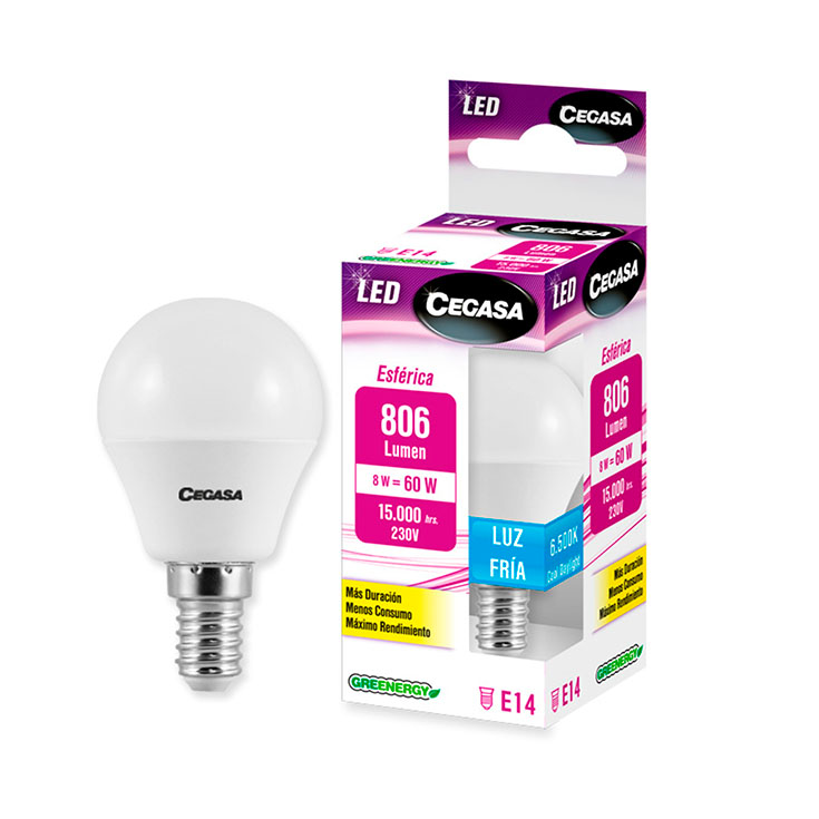 BOMBILLA LED ESFÉRICA 8W E14 806LM LUZ FRIA CEGASA 1U