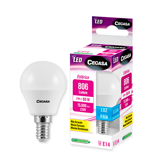 BOMBILLA LED ESFÉRICA 8W E14 806LM LUZ FRIA CEGASA 1U