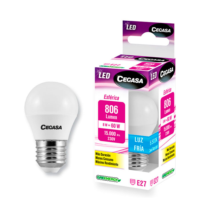BOMBILLA LED ESFÉRICA  8W E27 806LM LUZ FRIA CEGASA 1U