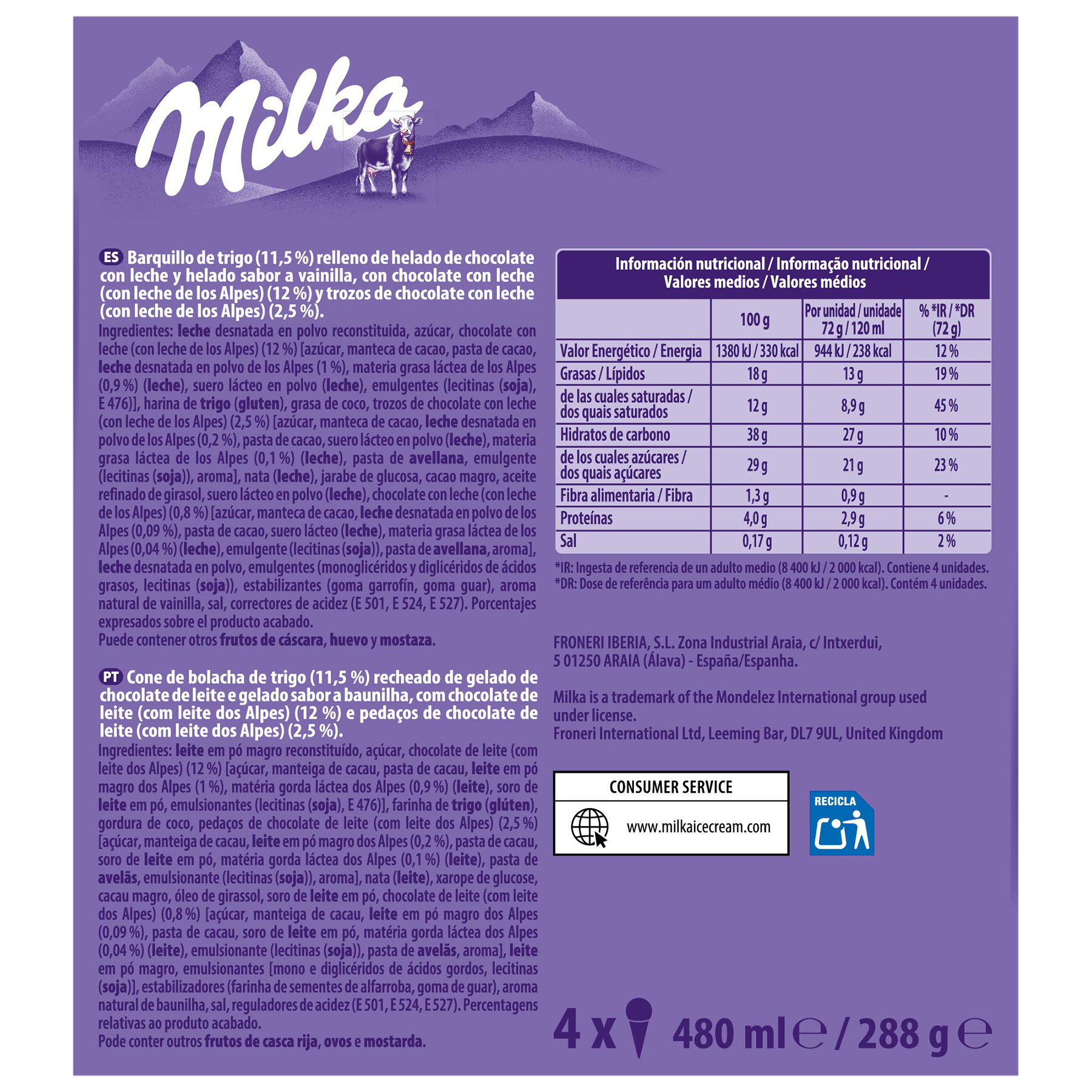 Cono vainilla chocolate Milka p4x120ml